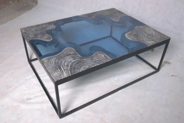 Coffee Table With Blue Glass TIC23 ترابيزة قهوة خشبي رمادي مع زجاج فاميه ازرق